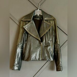 L.A.M.B. Black Leather Wool Lined Biker Jacket with Gunmetal Detail